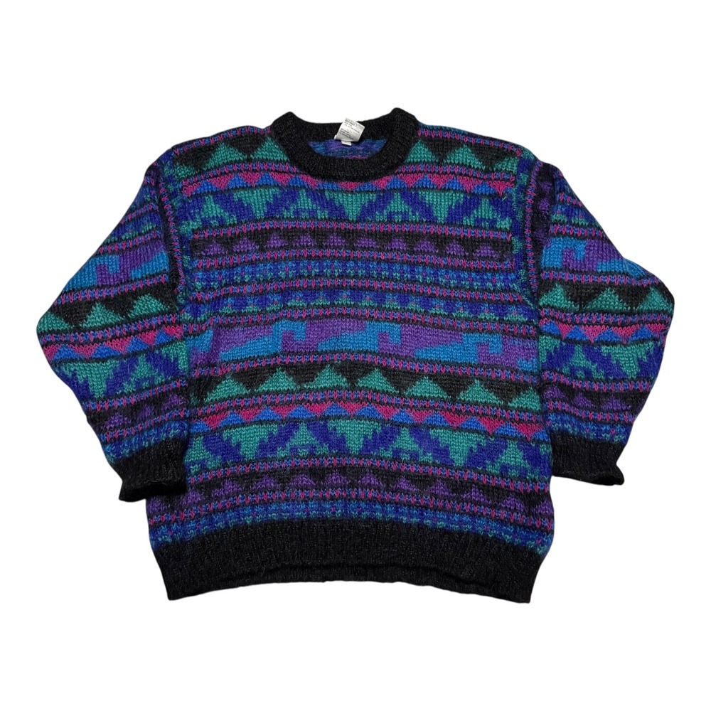 Vintage 90s Icelandic Design Mohair Blend Geometric Multicolor Sweater Men's L‎